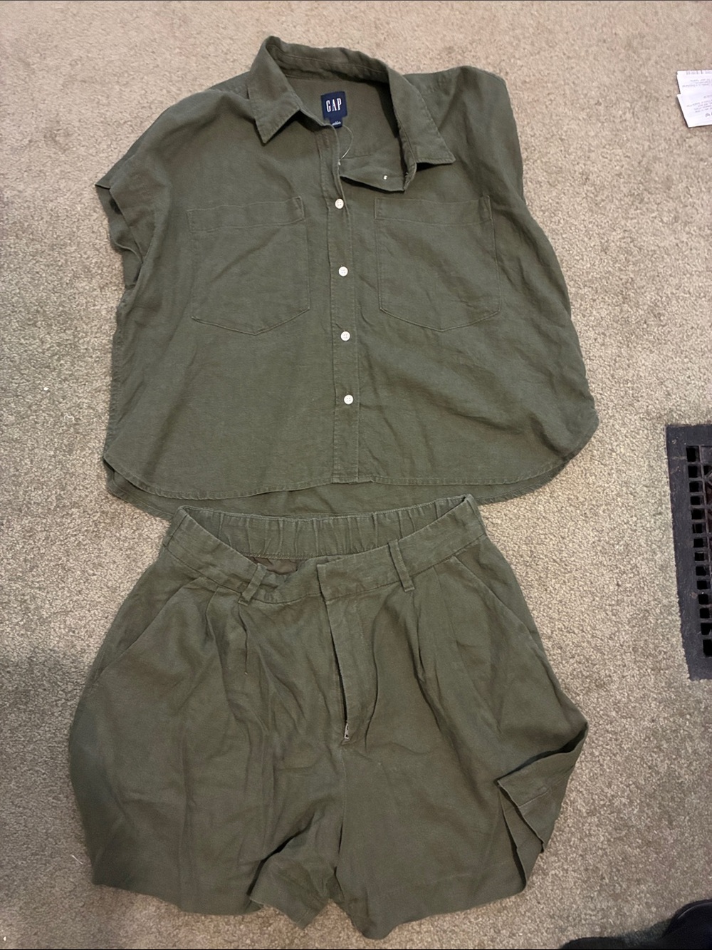 GAP Olive Green Women’s Linen Two-Piece Shirt & Shorts Set